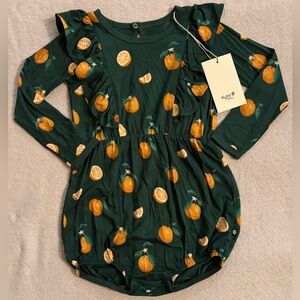 Kyte BABY Green Orange Print Ruffle Long Sleeve Romper